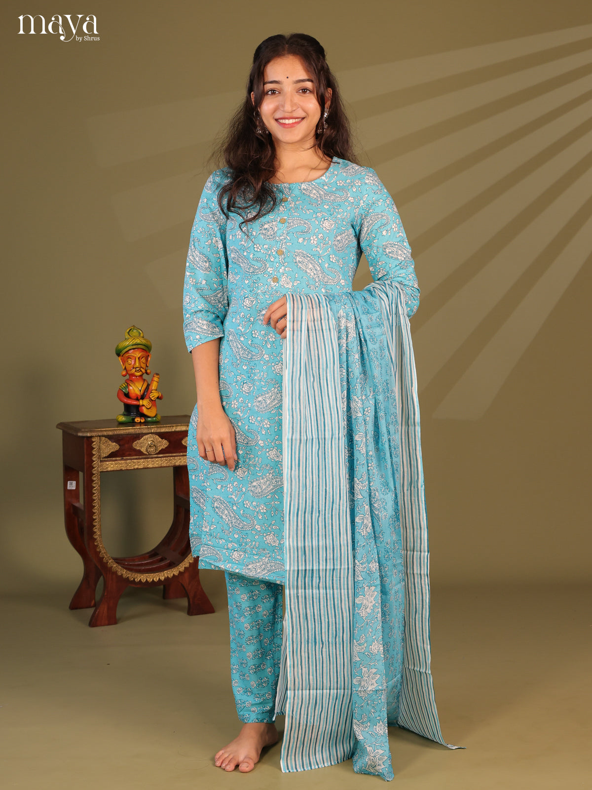Blue Cotton 3pc Salwar Suit with Floral Print - Top, Bottom & Dupatta