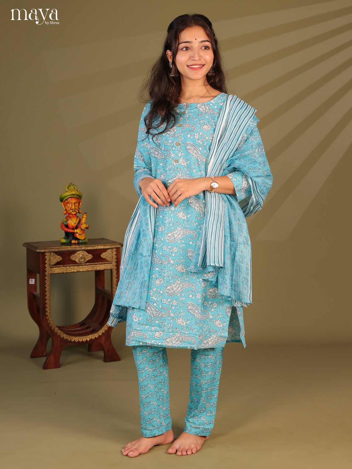 Blue Cotton 3pc Salwar Suit with Floral Print - Top, Bottom & Dupatta