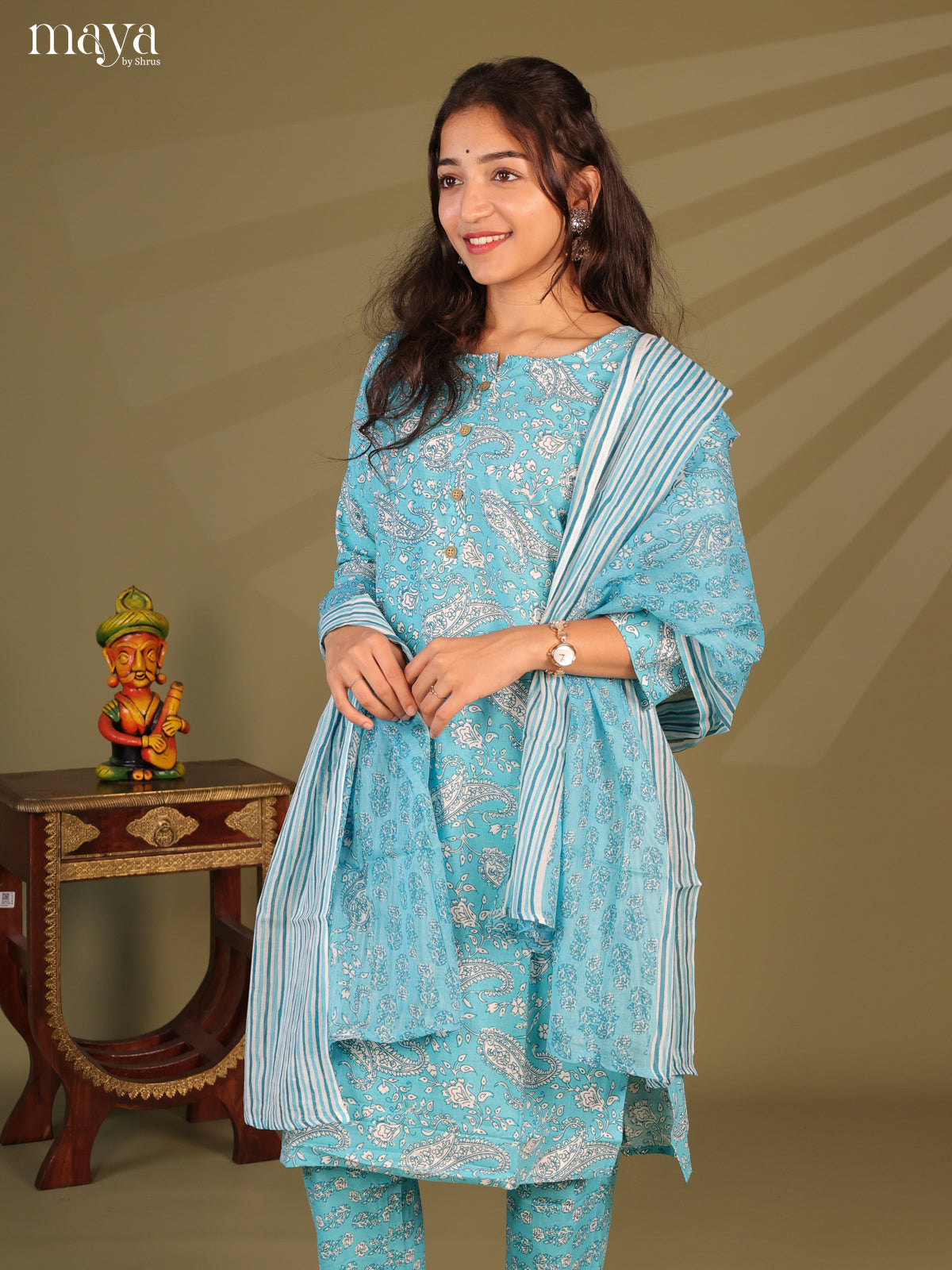 Blue Cotton 3pc Salwar Suit with Floral Print - Top, Bottom & Dupatta