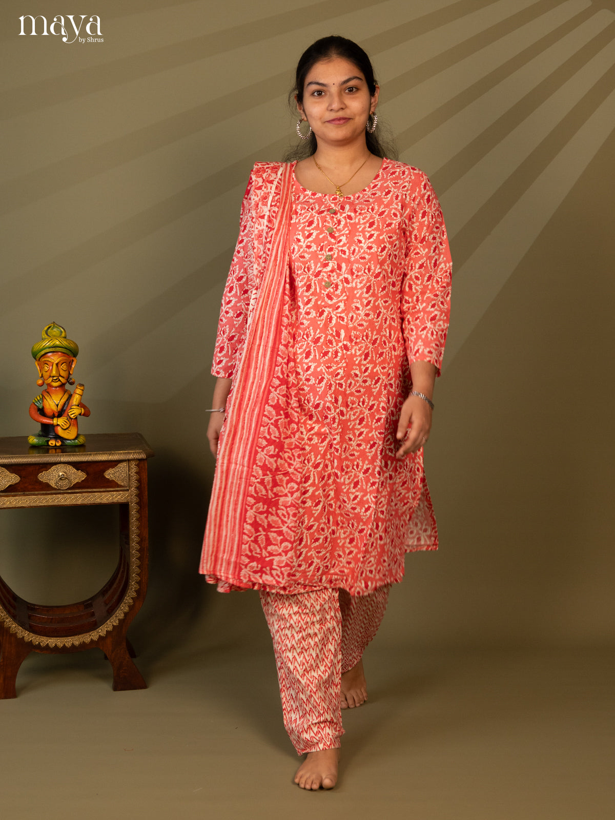 Peach Cotton 3pc Salwar Suit with Floral Print - Top, Bottom & Dupatta