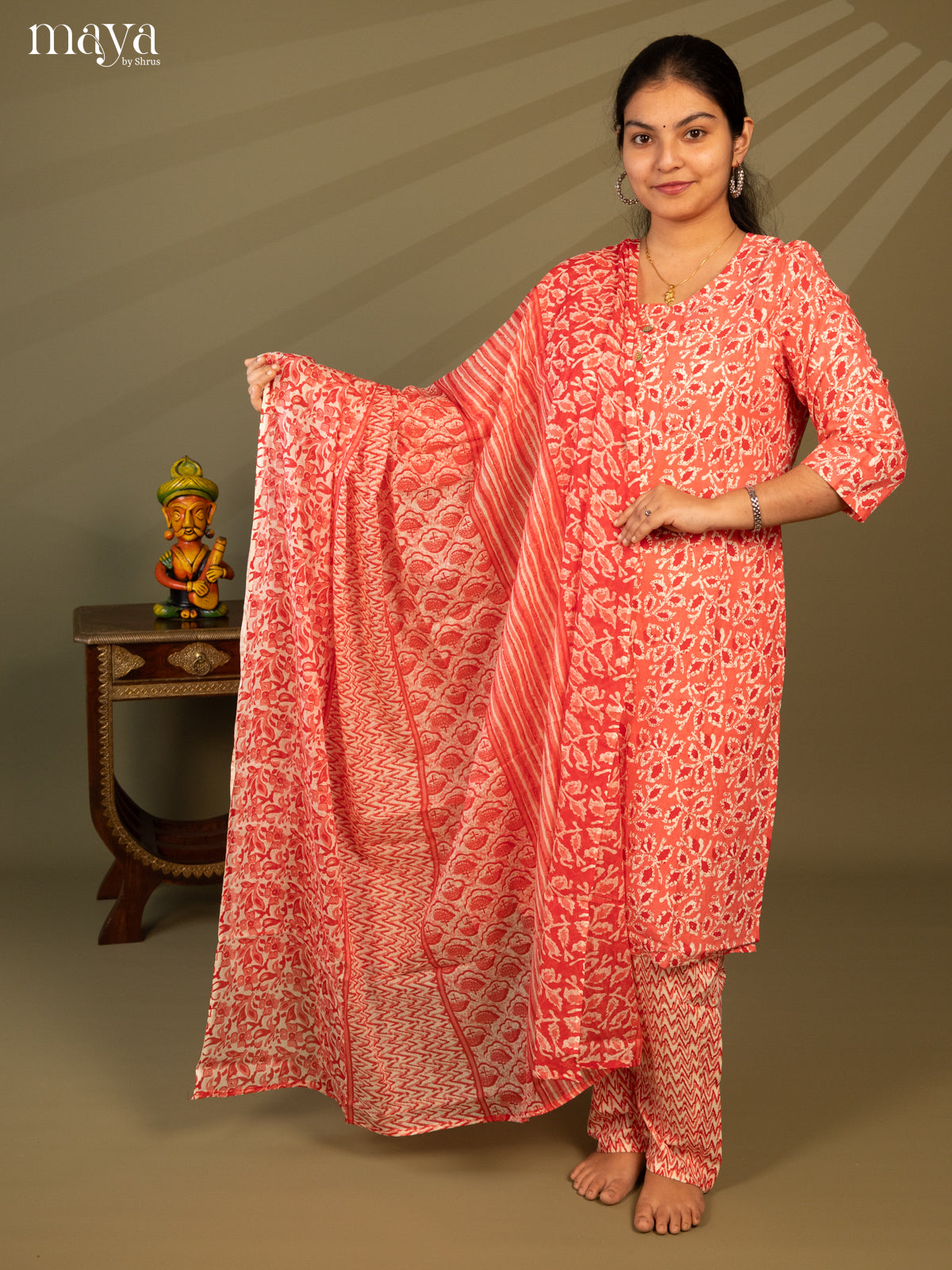 Peach Cotton 3pc Salwar Suit with Floral Print - Top, Bottom & Dupatta