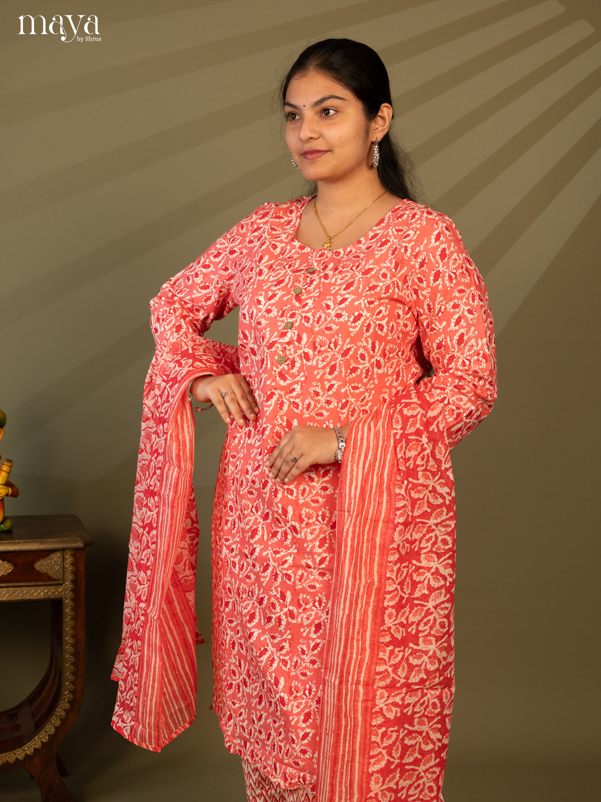 Peach Cotton 3pc Salwar Suit with Floral Print - Top, Bottom & Dupatta