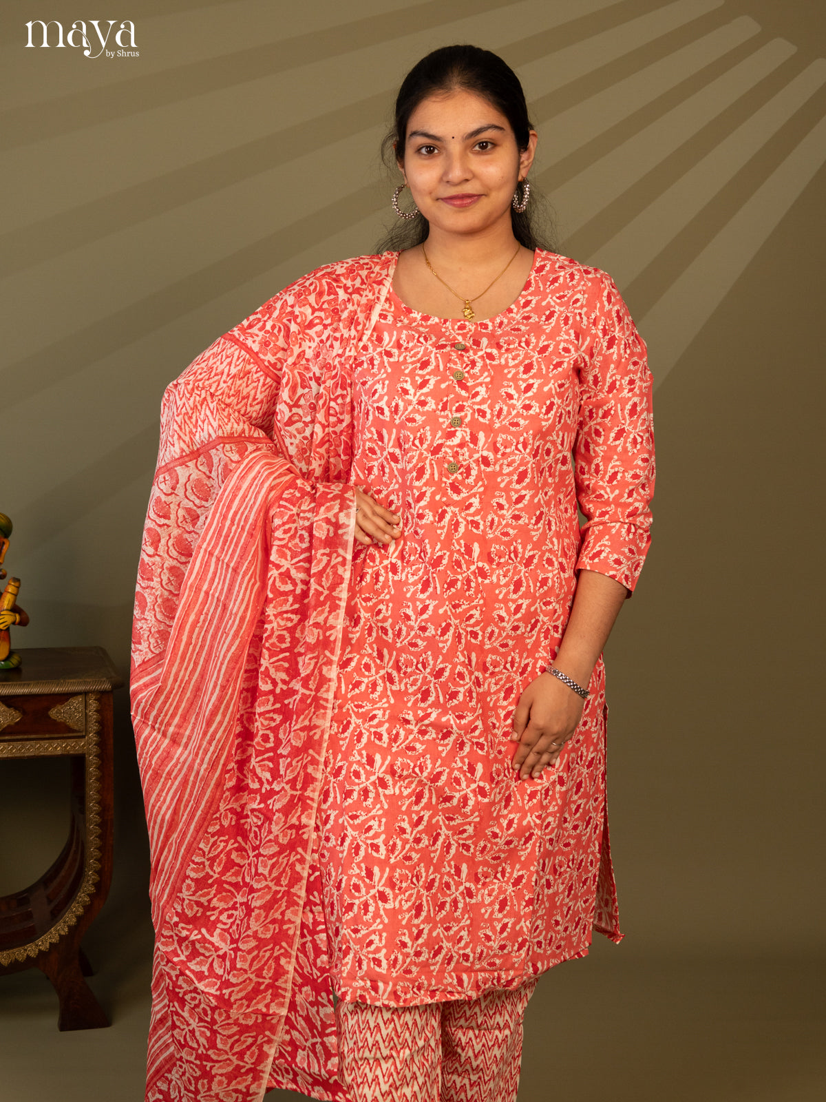 Peach Cotton 3pc Salwar Suit with Floral Print - Top, Bottom & Dupatta