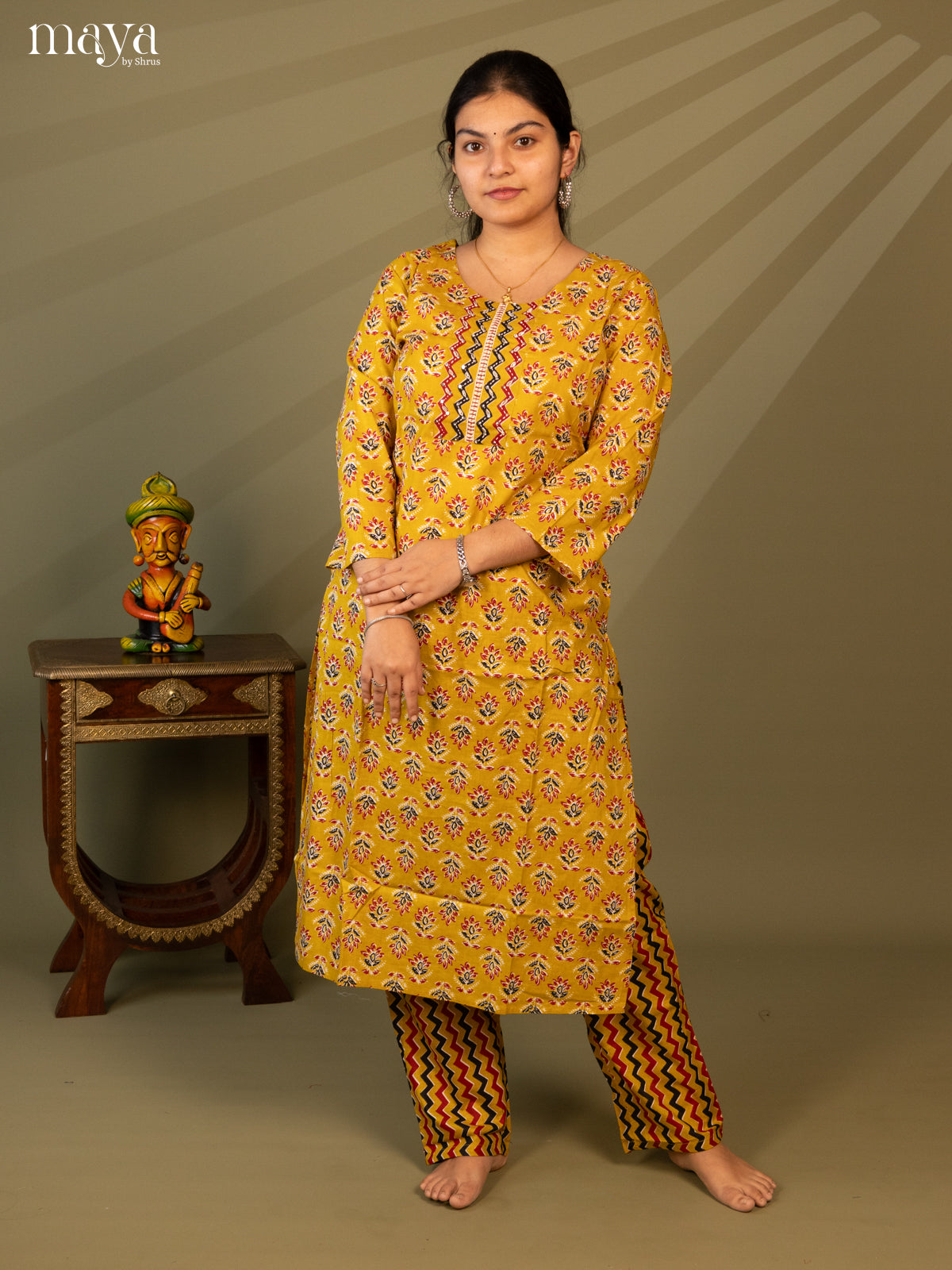 Mustard Cotton 2pc Salwar Suit With Floral Print - Top & Bottom