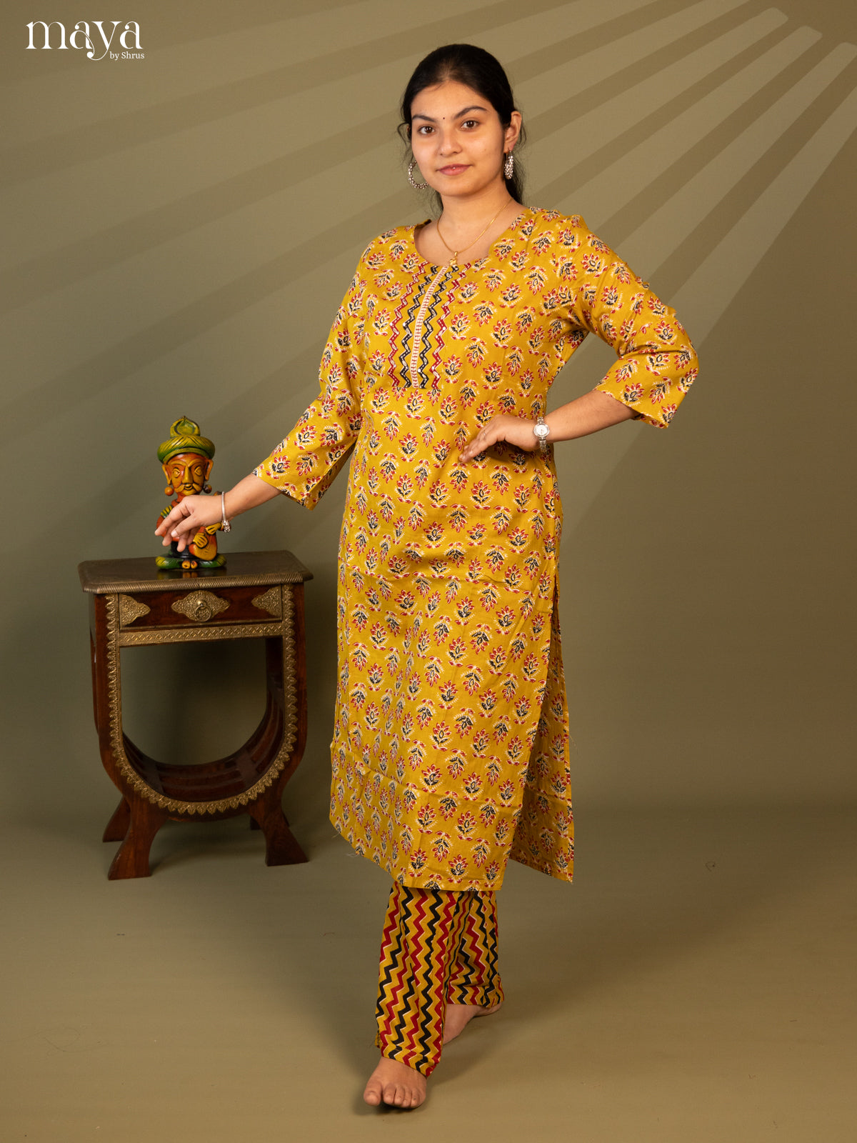 Mustard Cotton 2pc Salwar Suit With Floral Print - Top & Bottom