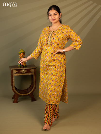 Mustard Cotton 2pc Salwar Suit With Floral Print - Top & Bottom