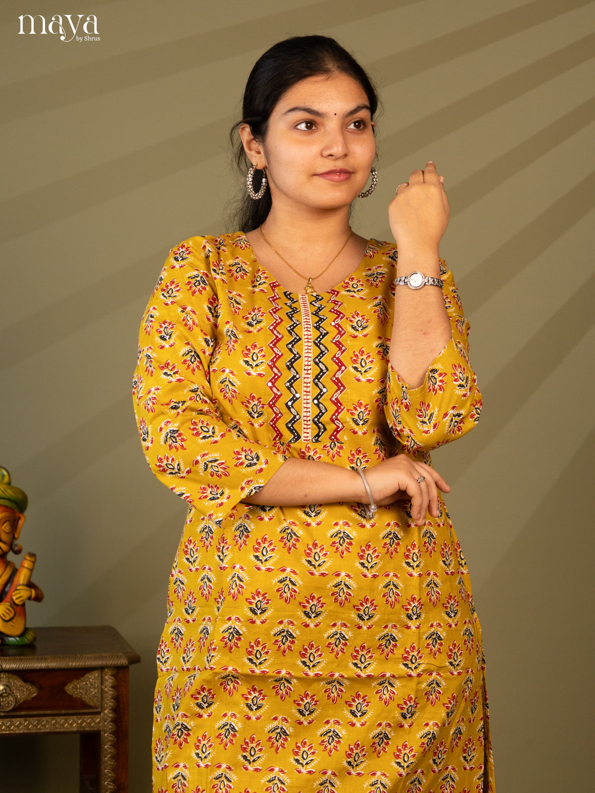 Mustard Cotton 2pc Salwar Suit With Floral Print - Top & Bottom