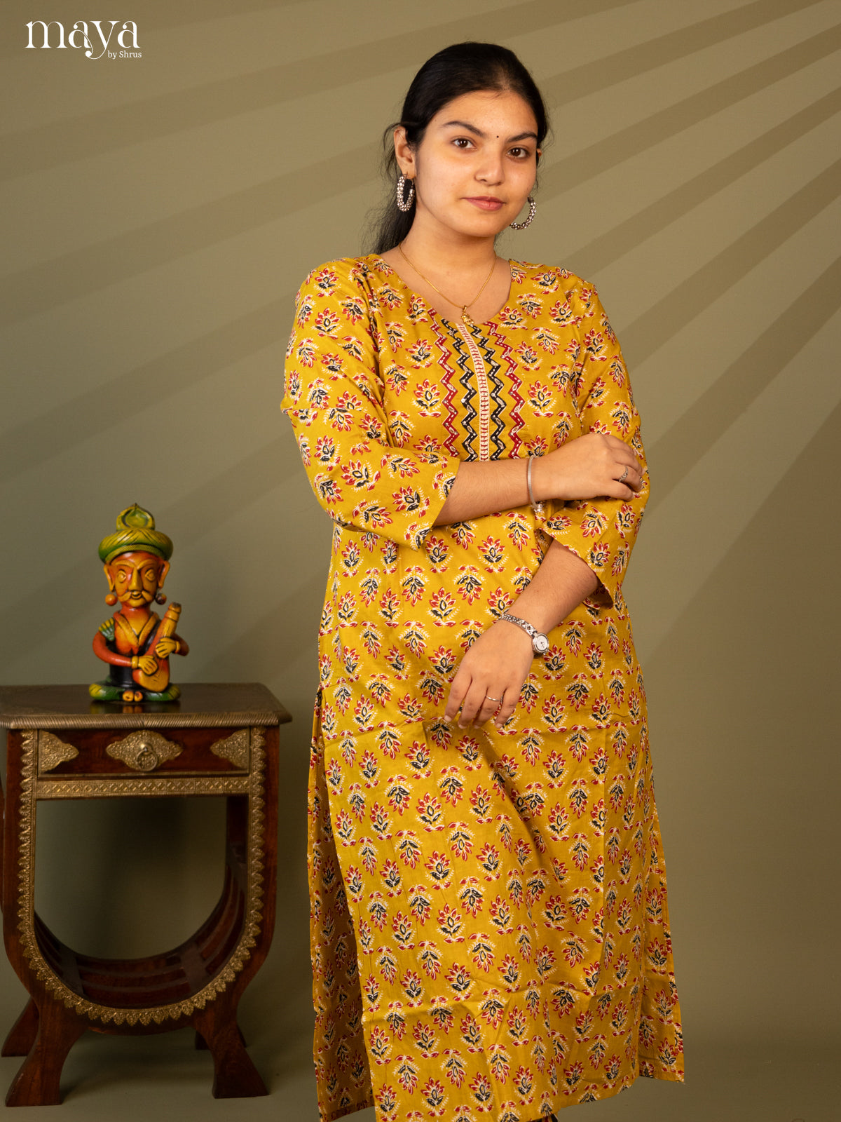 Mustard Cotton 2pc Salwar Suit With Floral Print - Top & Bottom