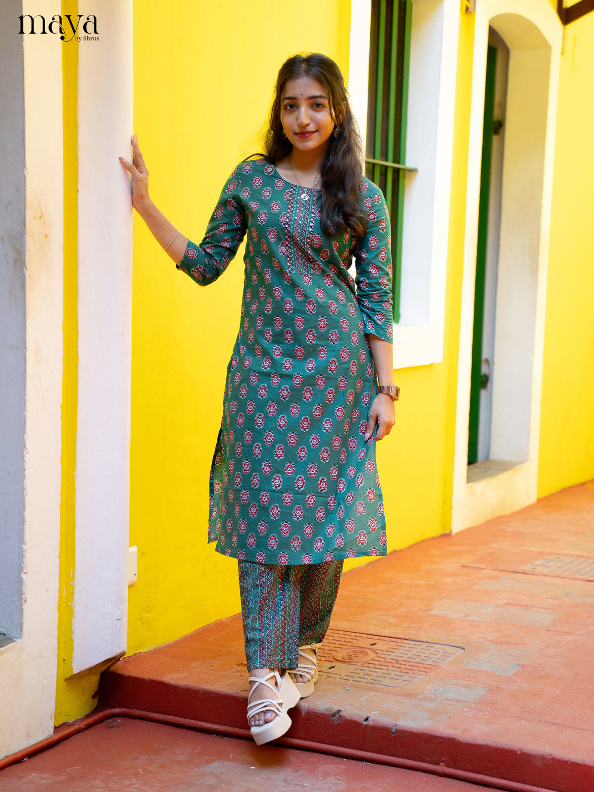 Green Cotton 2Pc Salwar Suit With Floral Print - Top & Bottom