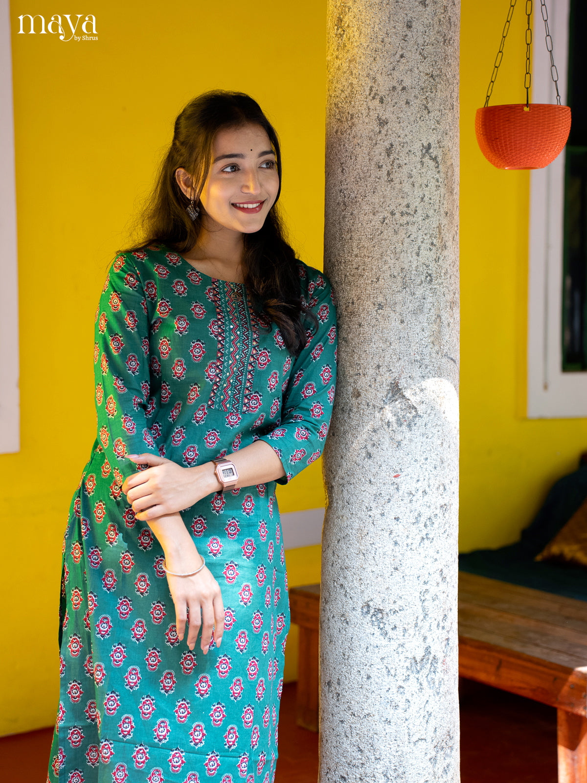 Green Cotton 2Pc Salwar Suit With Floral Print - Top & Bottom