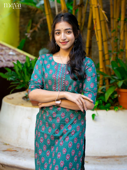 Green Cotton 2Pc Salwar Suit With Floral Print - Top & Bottom