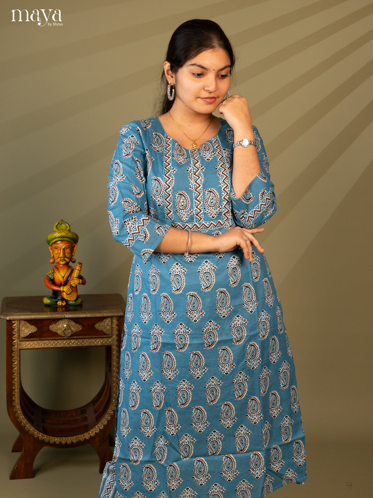 Blue Cotton 2Pc Salwar Suit With Floral Print - Top & Bottom