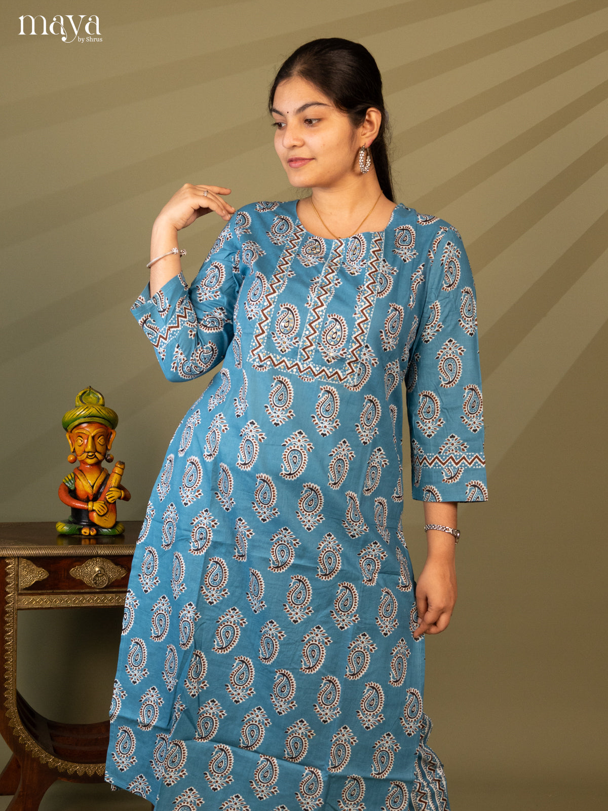 Blue Cotton 2Pc Salwar Suit With Floral Print - Top & Bottom