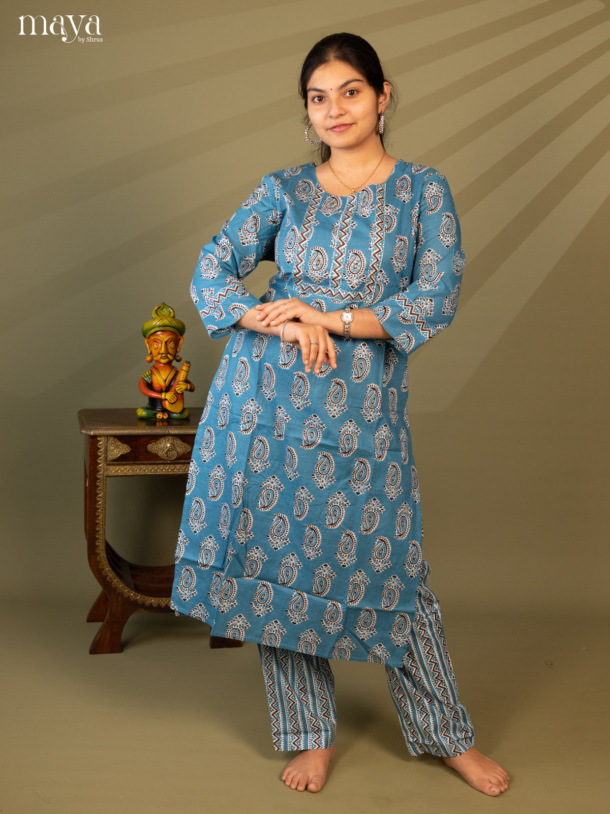 Blue Cotton 2Pc Salwar Suit With Floral Print - Top & Bottom