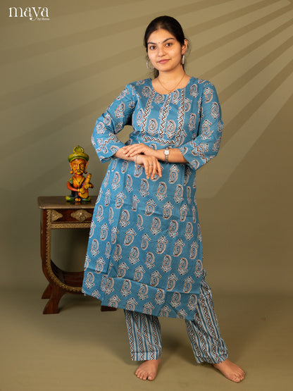 Blue Cotton 2Pc Salwar Suit With Floral Print - Top & Bottom