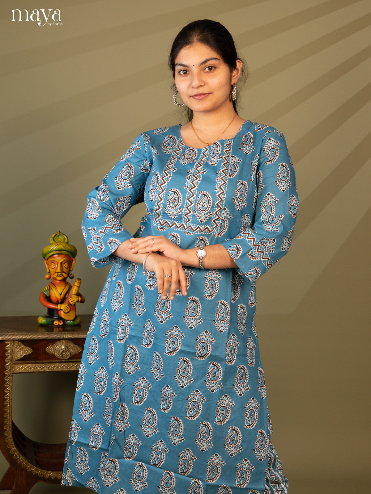 Blue Cotton 2Pc Salwar Suit With Floral Print - Top & Bottom