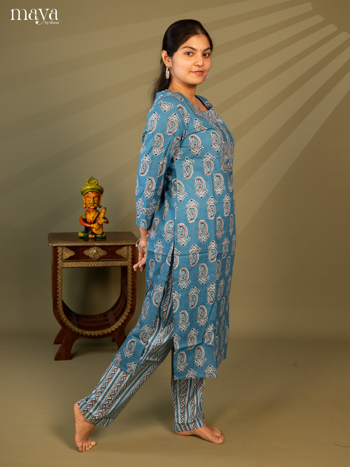 Blue Cotton 2Pc Salwar Suit With Floral Print - Top & Bottom