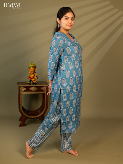 Blue Cotton 2Pc Salwar Suit With Floral Print - Top & Bottom