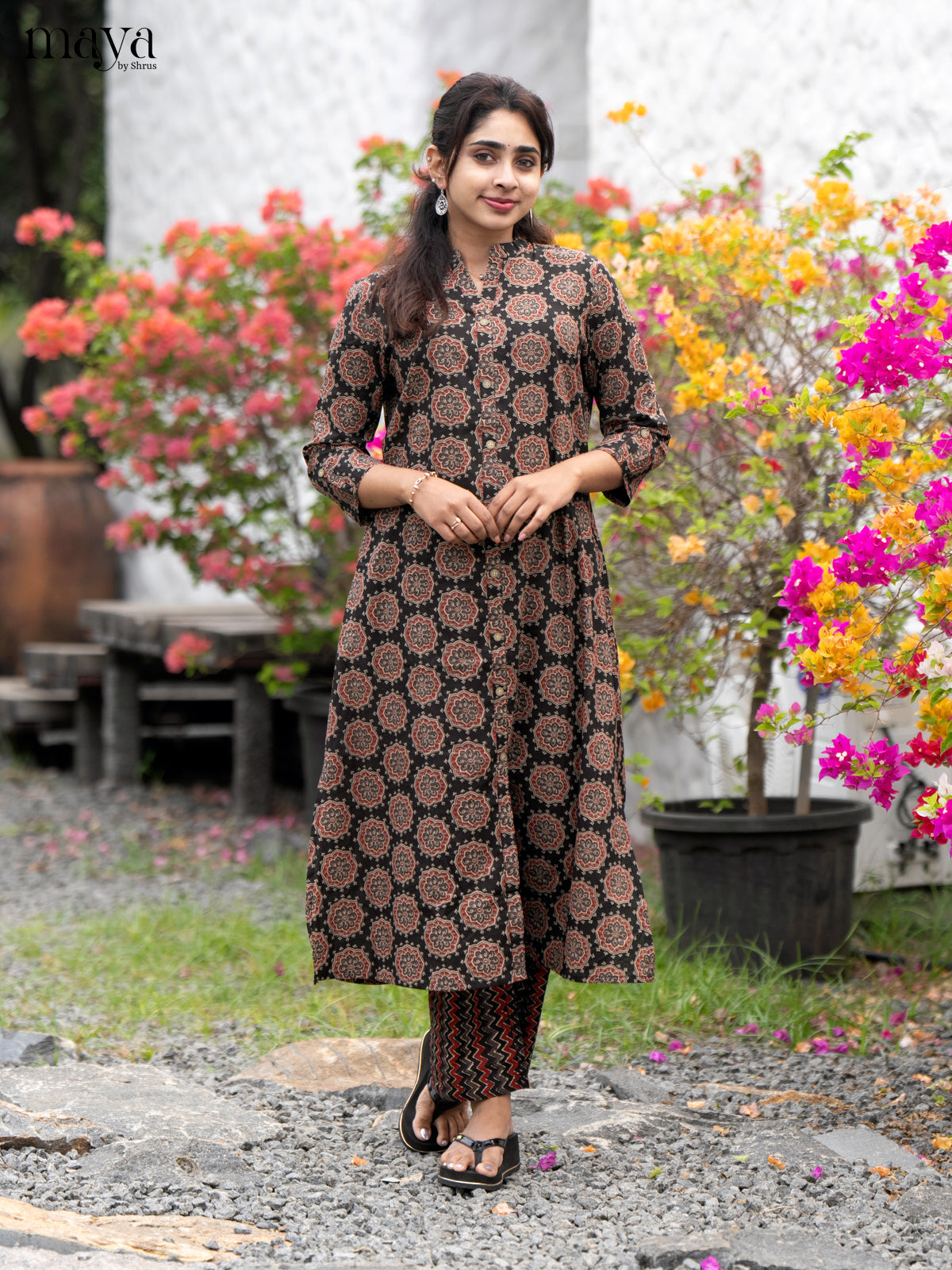 Brown Cotton 2Pc Salwar Suit with Ajrakh Print - Top & Bottom