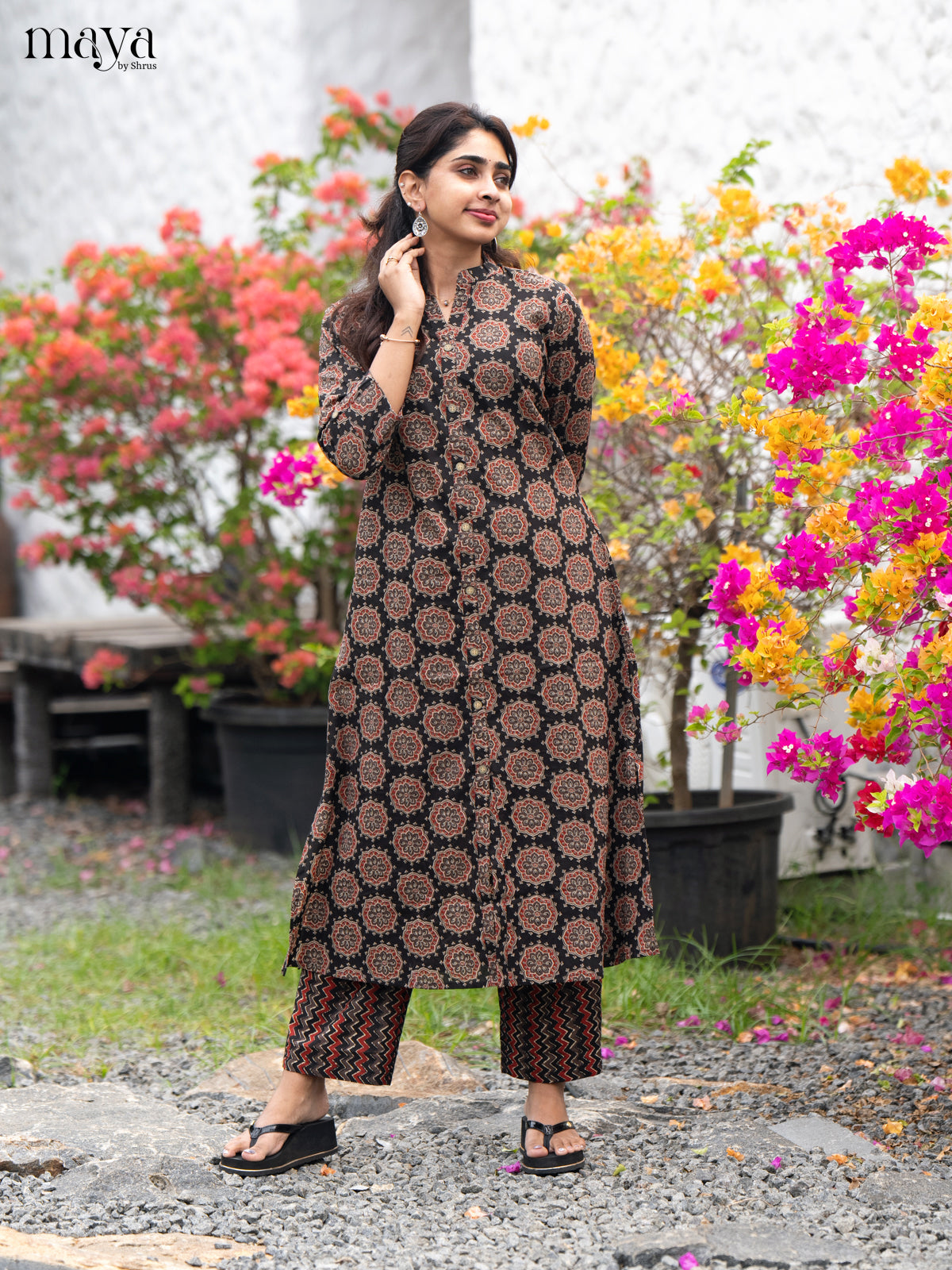Brown Cotton 2Pc Salwar Suit with Ajrakh Print - Top & Bottom