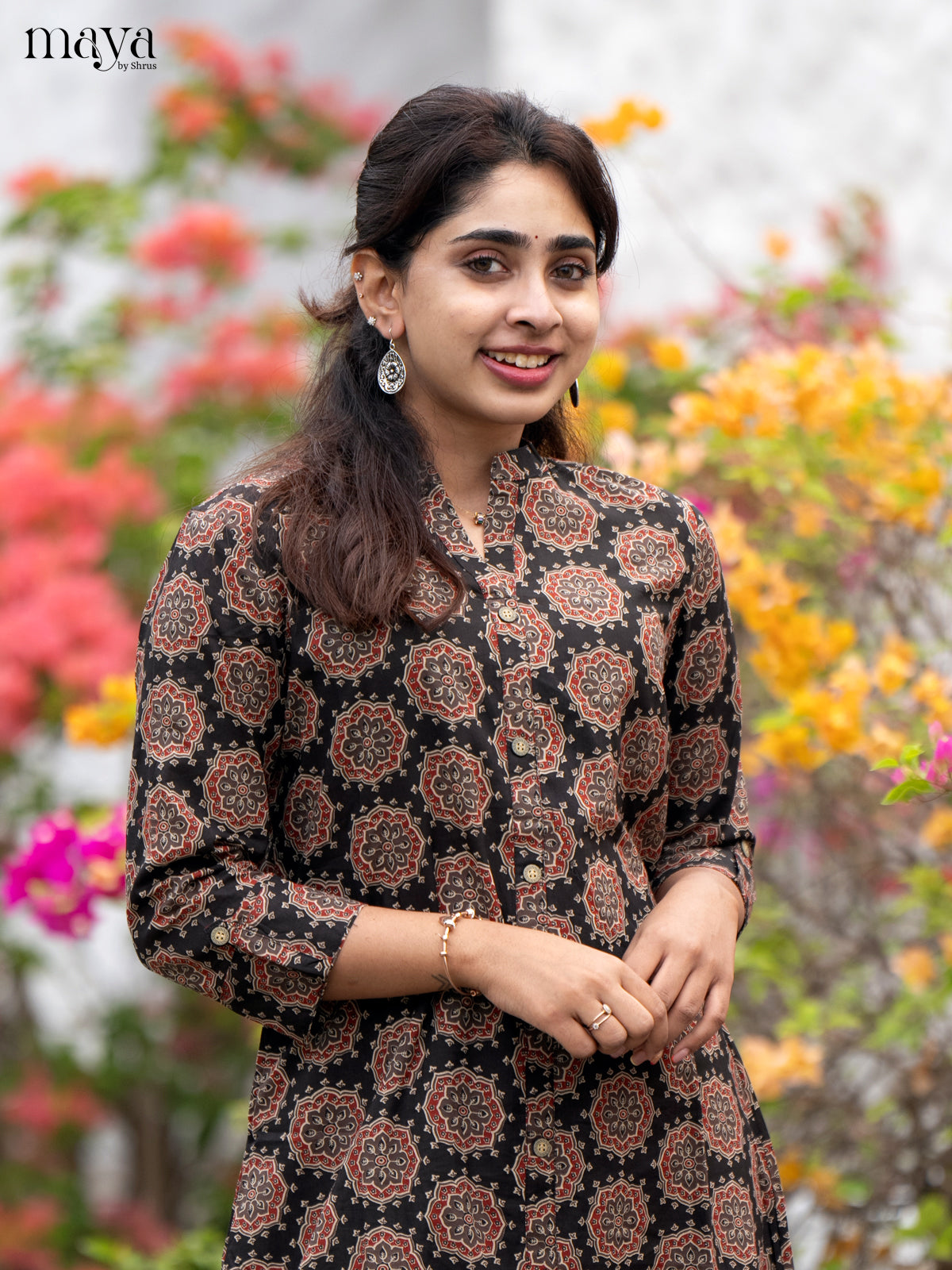Brown Cotton 2Pc Salwar Suit with Ajrakh Print - Top & Bottom