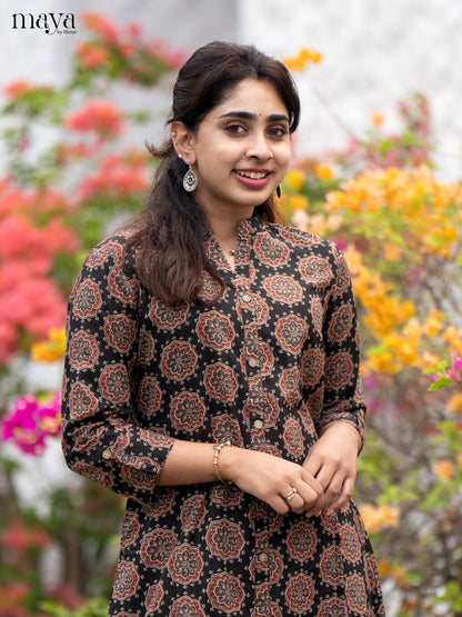 Brown Cotton 2Pc Salwar Suit with Ajrakh Print - Top & Bottom