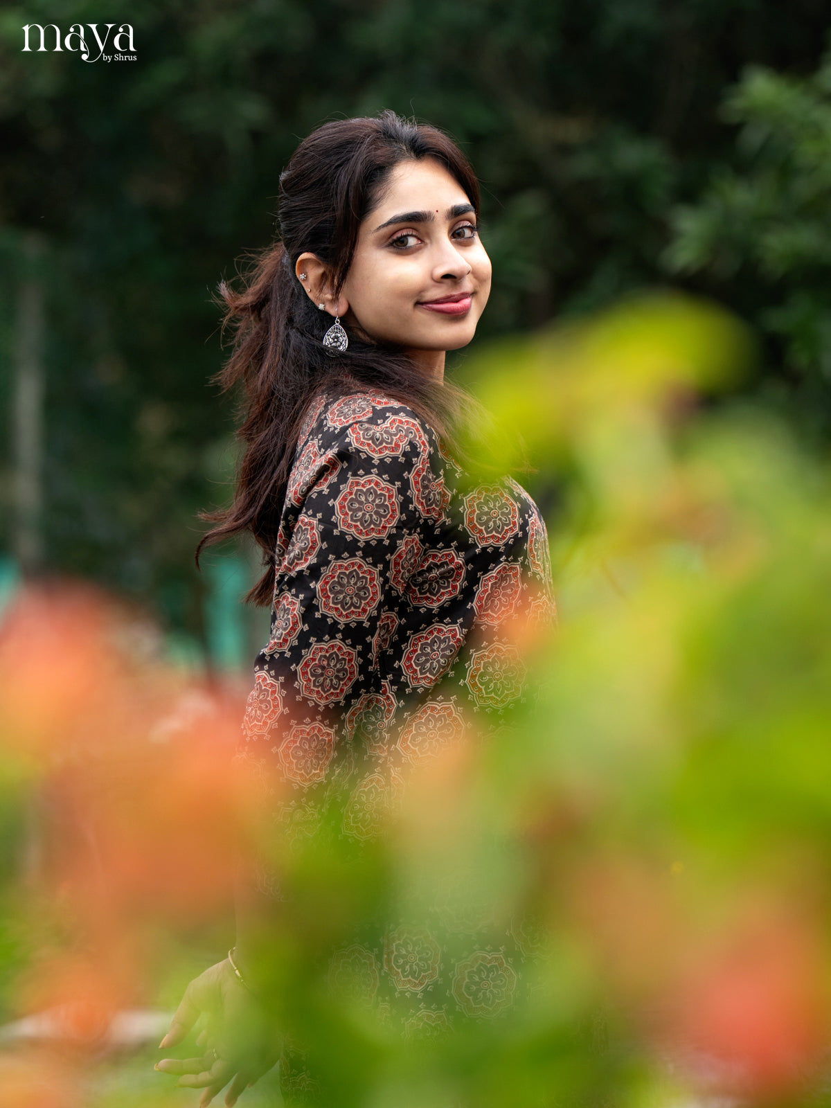 Brown Cotton 2Pc Salwar Suit with Ajrakh Print - Top & Bottom