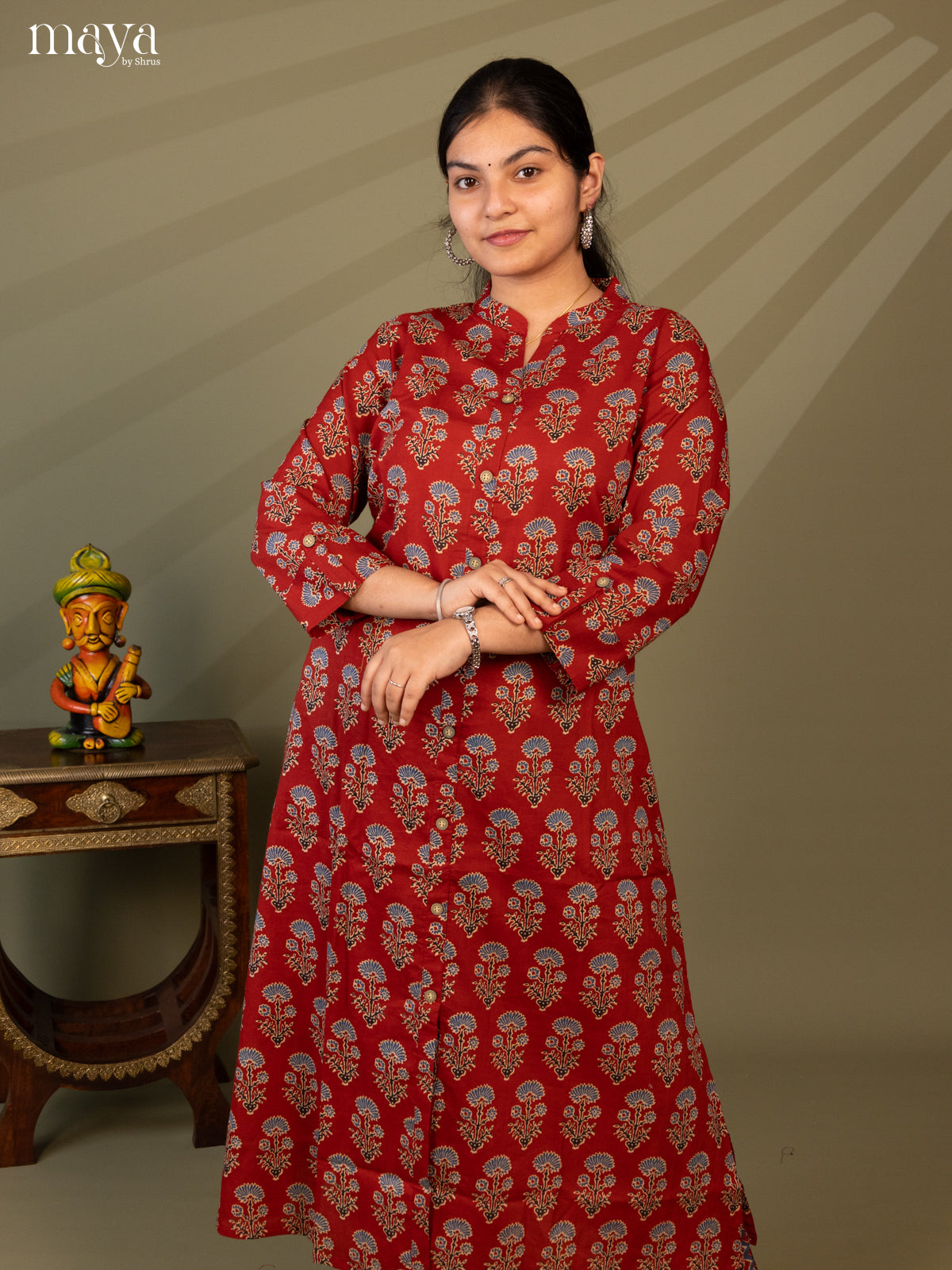 Maroon Cotton 2Pc Salwar Suit With Ajrakh print- Top & Bottom