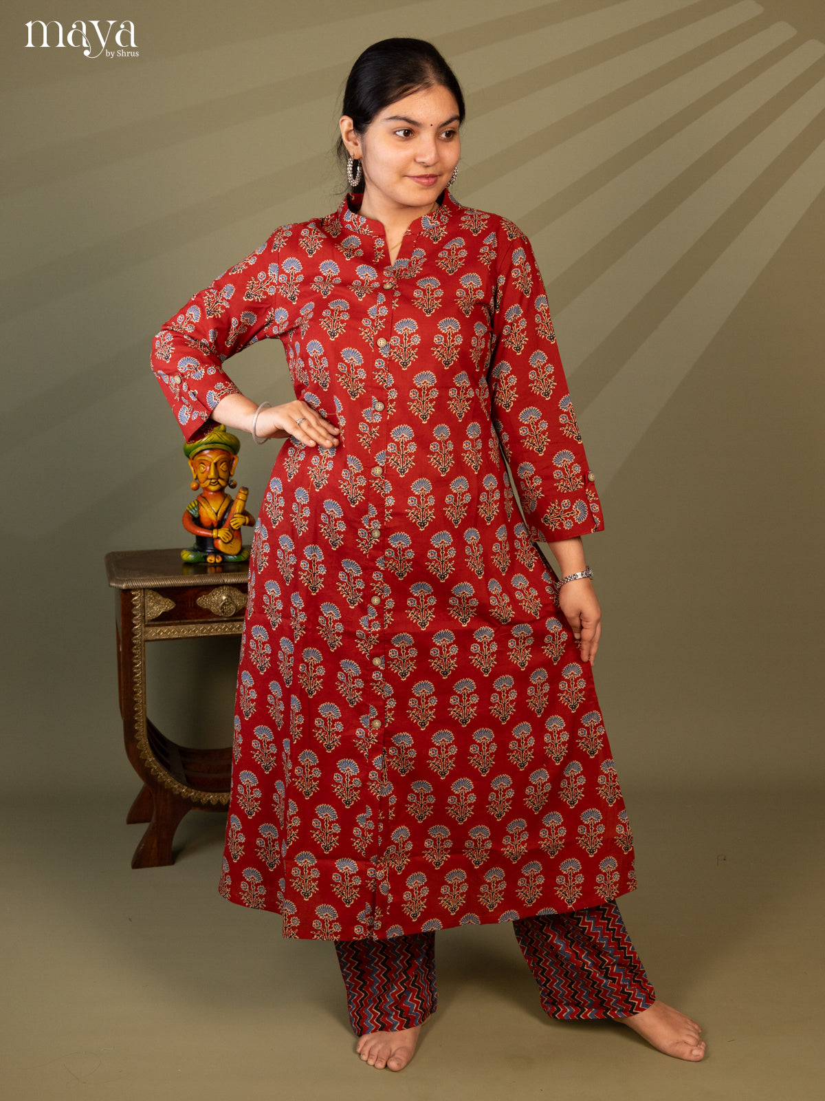 Maroon Cotton 2Pc Salwar Suit With Ajrakh print- Top & Bottom