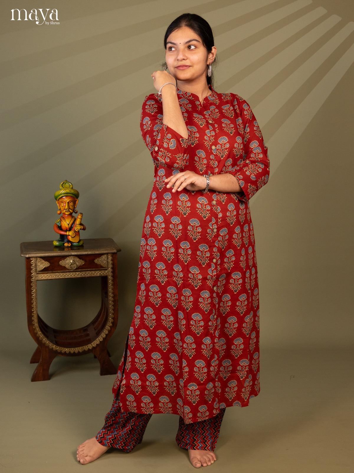 Maroon Cotton 2Pc Salwar Suit With Ajrakh print- Top & Bottom