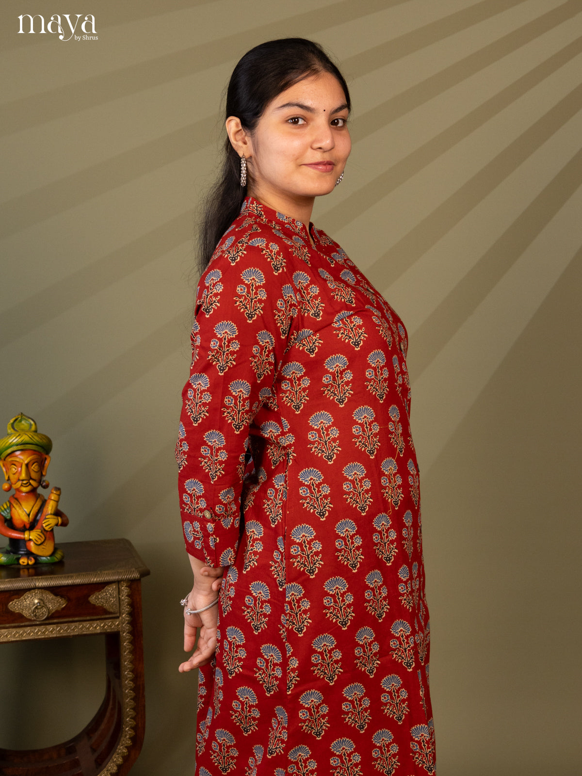 Maroon Cotton 2Pc Salwar Suit With Ajrakh print- Top & Bottom