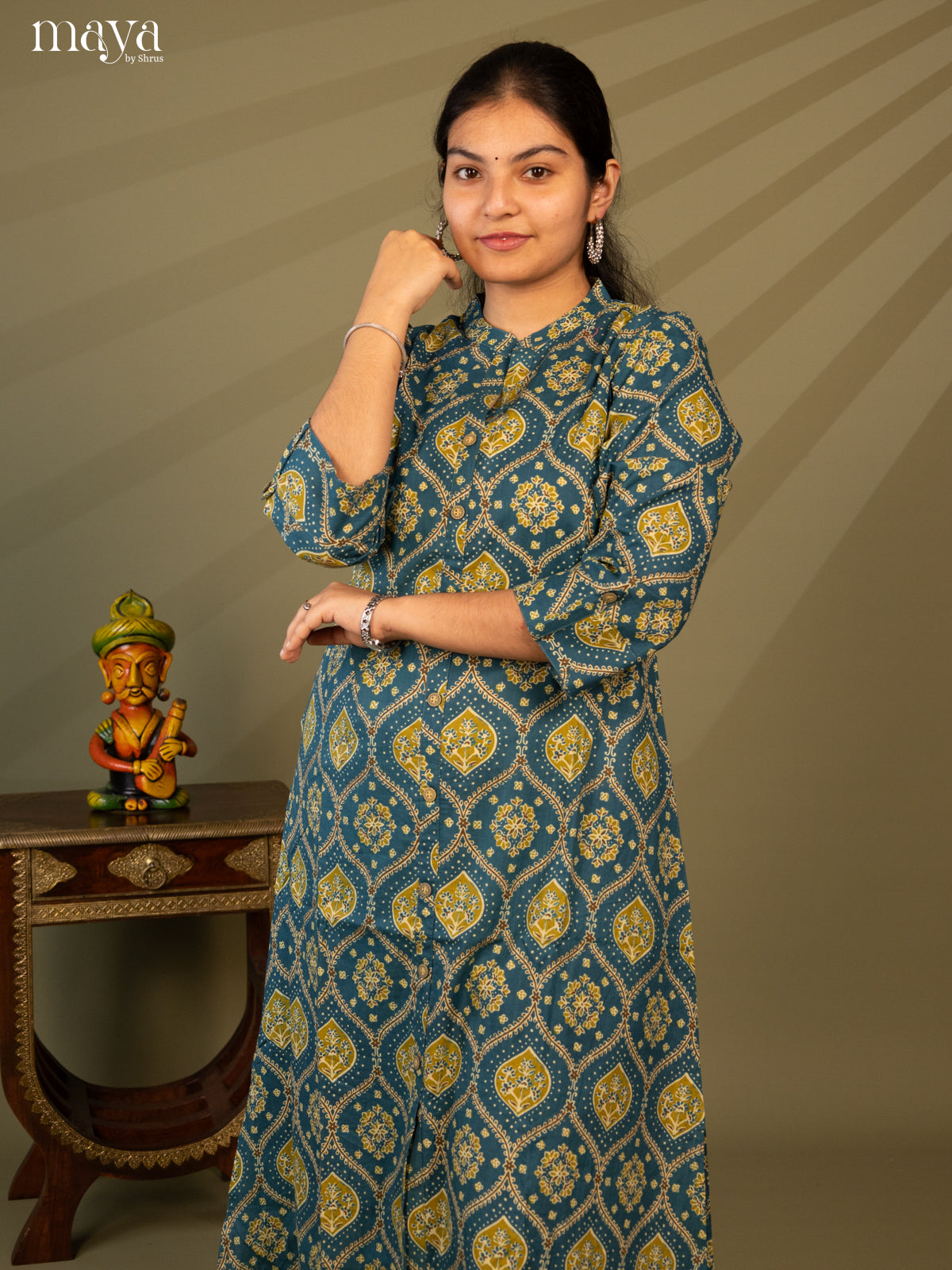 Blue Cotton 2Pc Salwar Suit with Ajrakh print - Top & Bottom