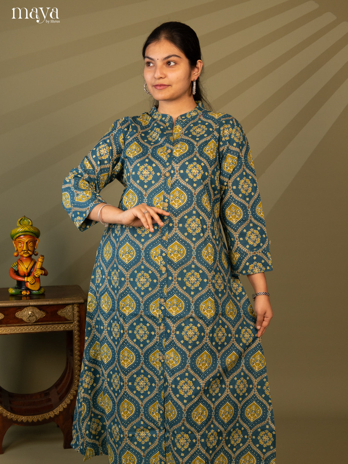 Blue Cotton 2Pc Salwar Suit with Ajrakh print - Top & Bottom