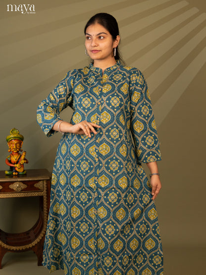Blue Cotton 2Pc Salwar Suit with Ajrakh print - Top & Bottom