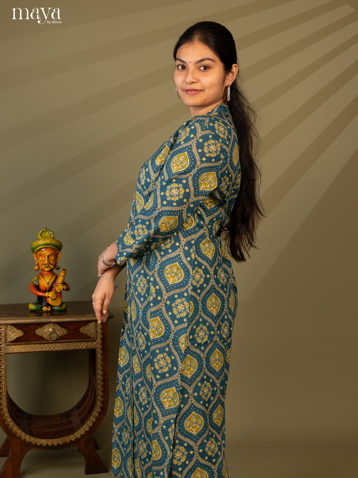 Blue Cotton 2Pc Salwar Suit with Ajrakh print - Top & Bottom