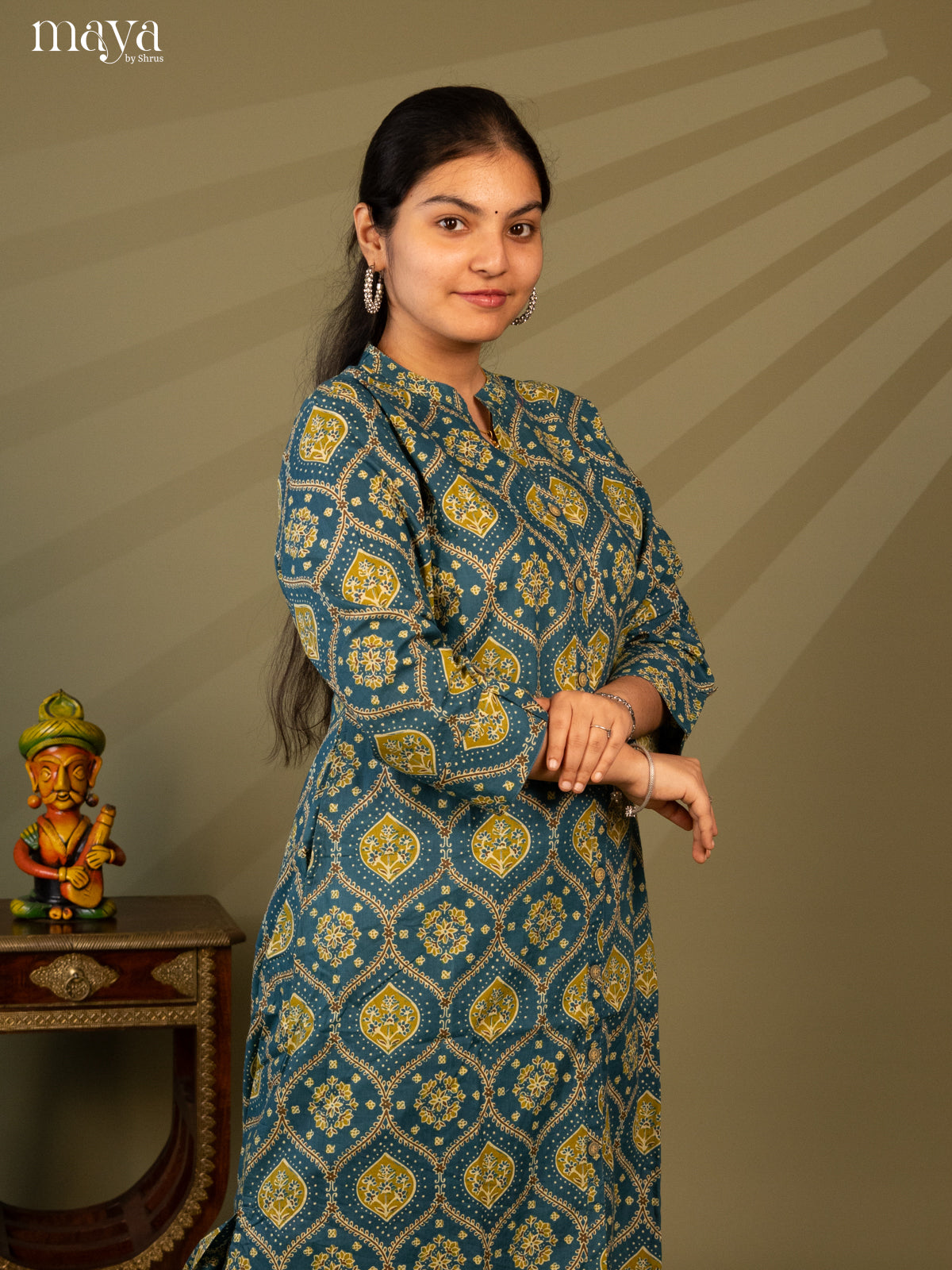 Blue Cotton 2Pc Salwar Suit with Ajrakh print - Top & Bottom