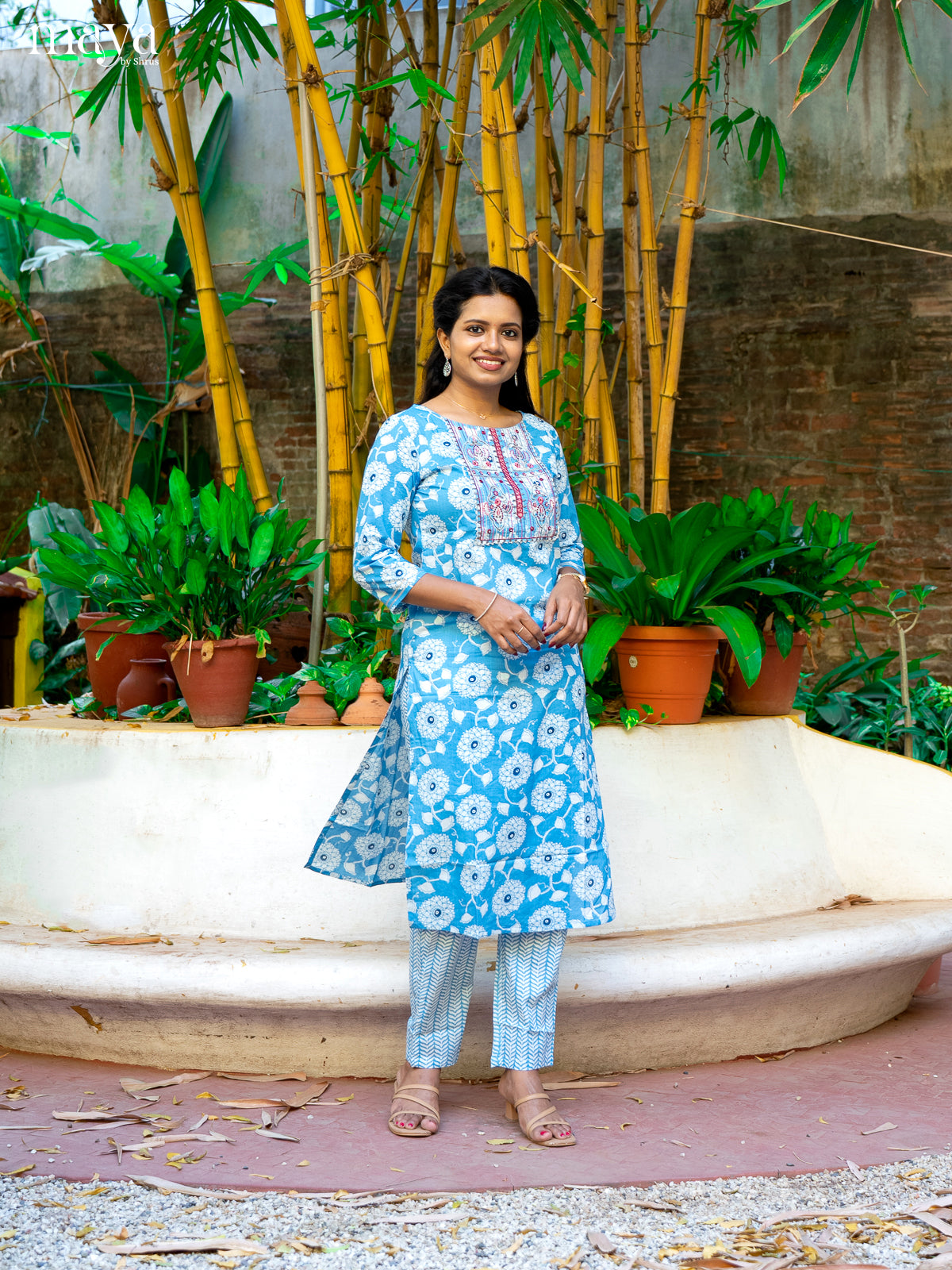 Blue Cotton 2pc Salwar Suit With Floral Print - Top & Bottom