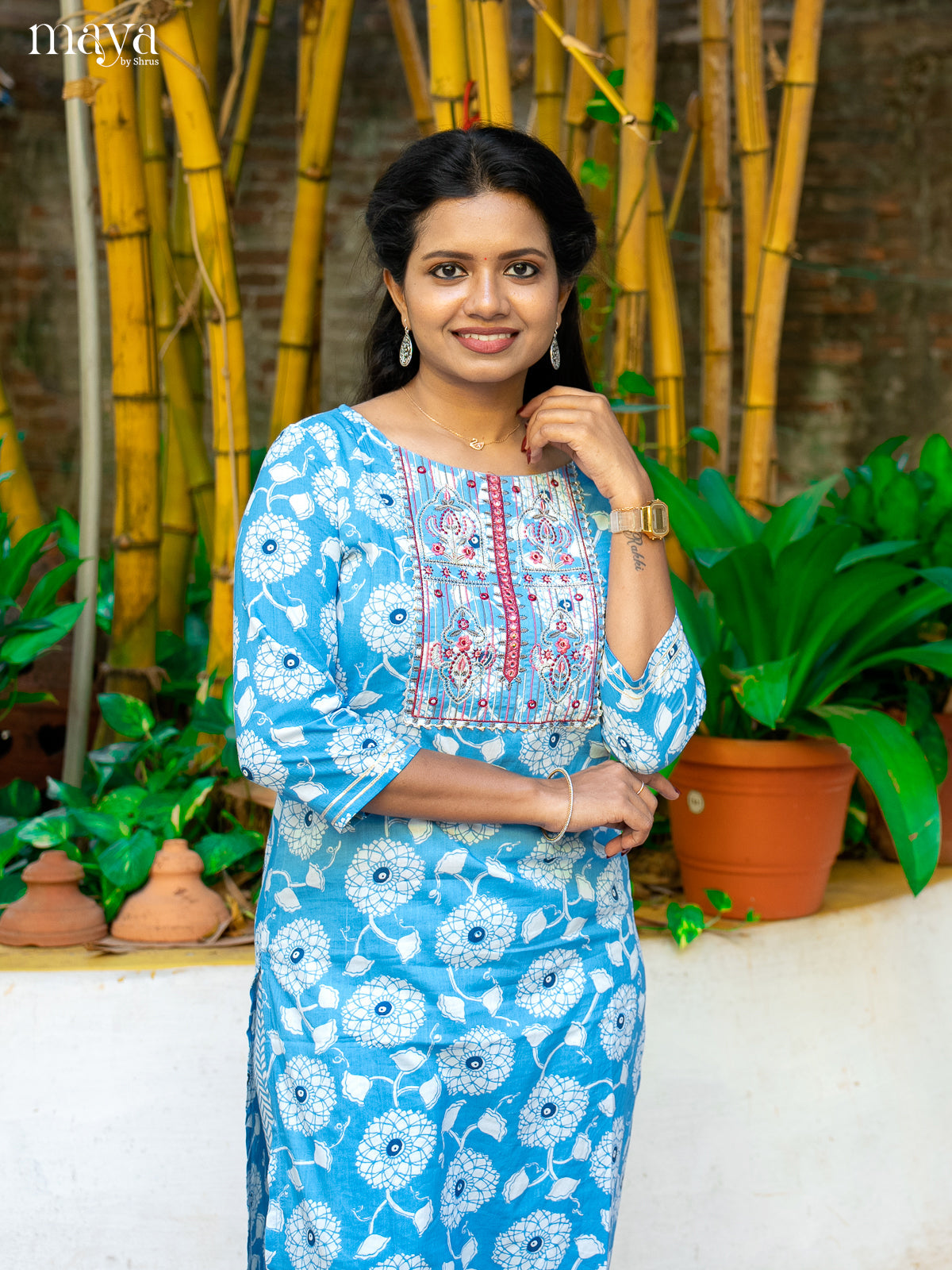 Blue Cotton 2pc Salwar Suit With Floral Print - Top & Bottom