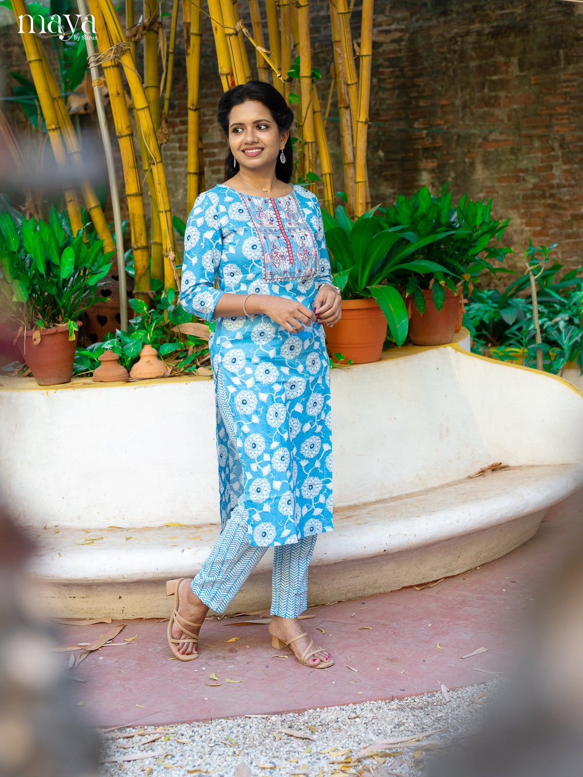 Blue Cotton 2pc Salwar Suit With Floral Print - Top & Bottom