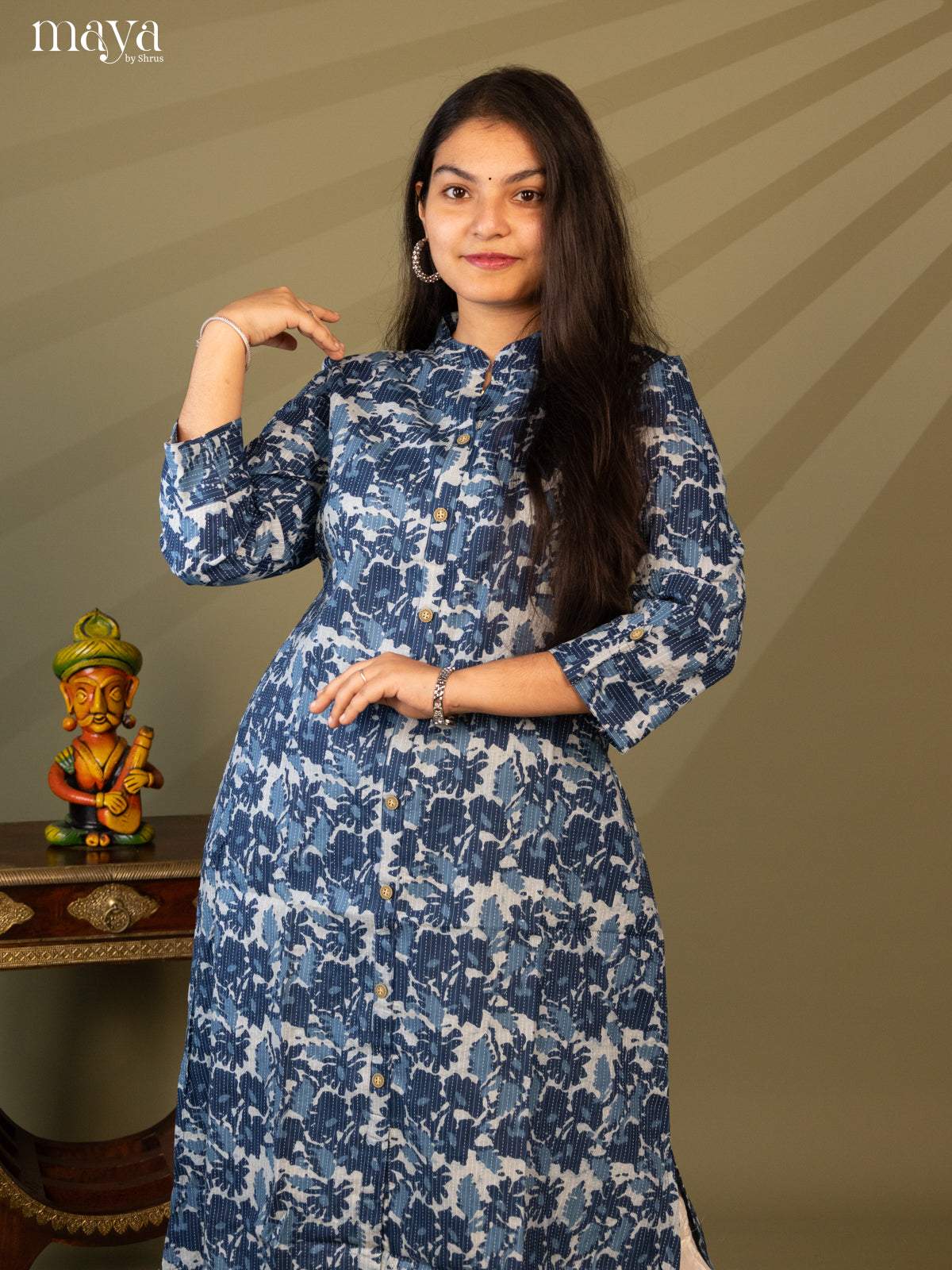 Blue Cotton Floral Print Kurti with Kantha Work