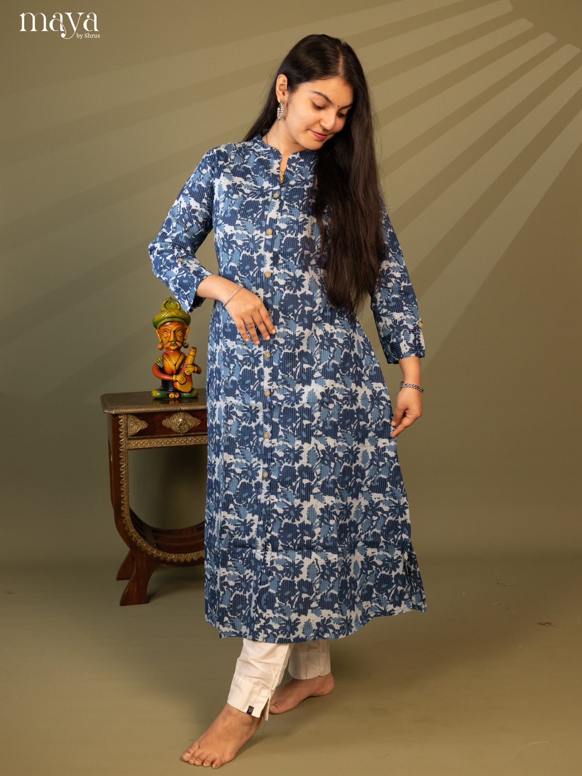 Blue Cotton Floral Print Kurti with Kantha Work