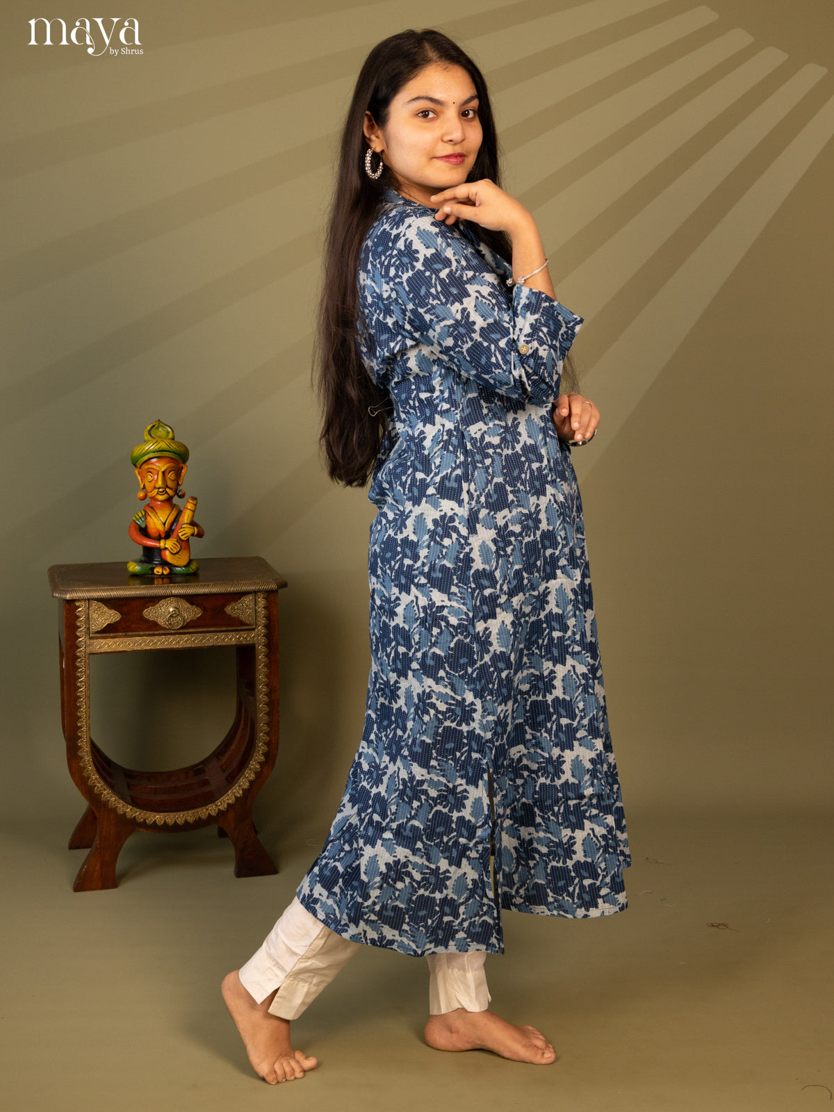 Blue Cotton Floral Print Kurti with Kantha Work