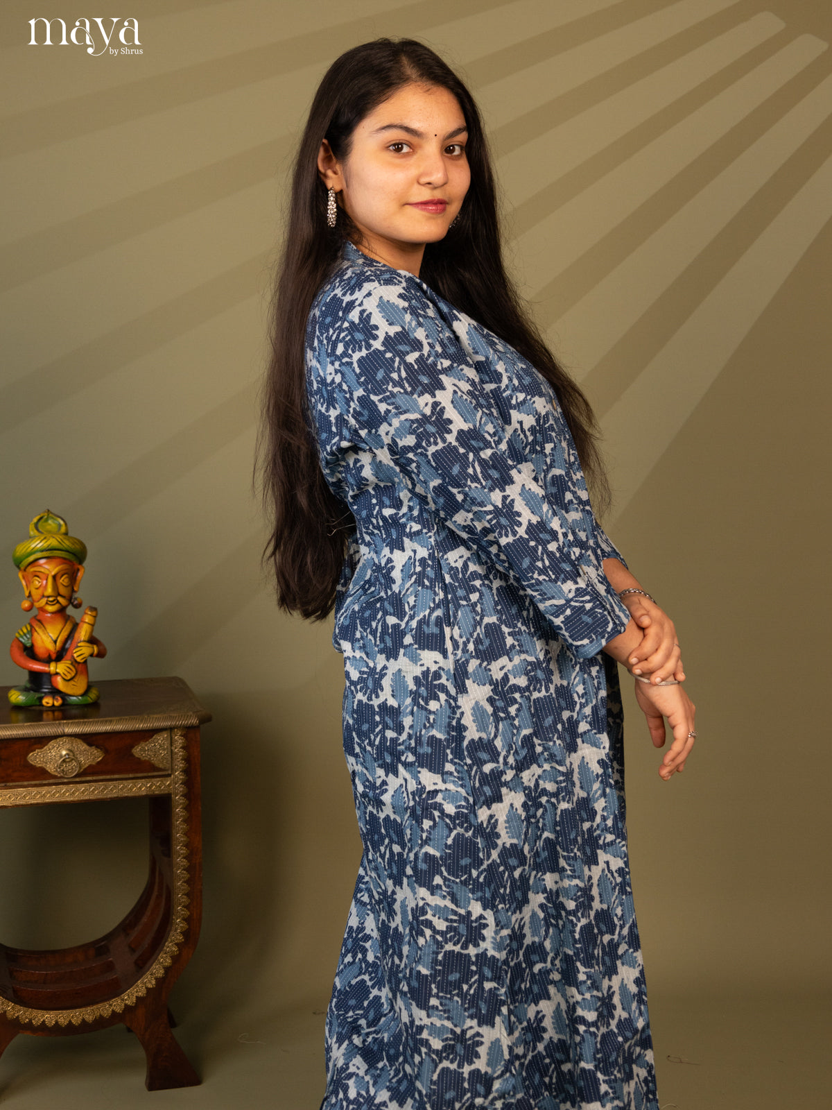 Blue Cotton Floral Print Kurti with Kantha Work
