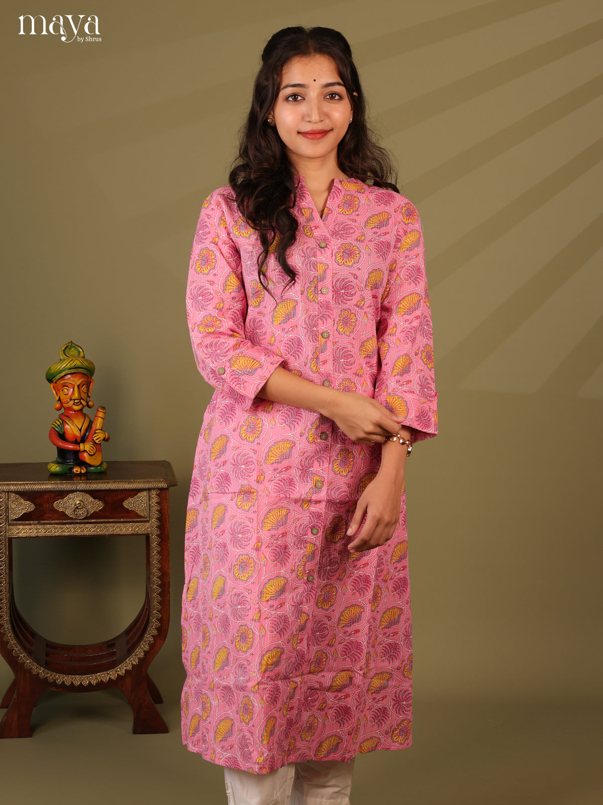 Pink Cotton Floral Print Kurti With Kantha Work