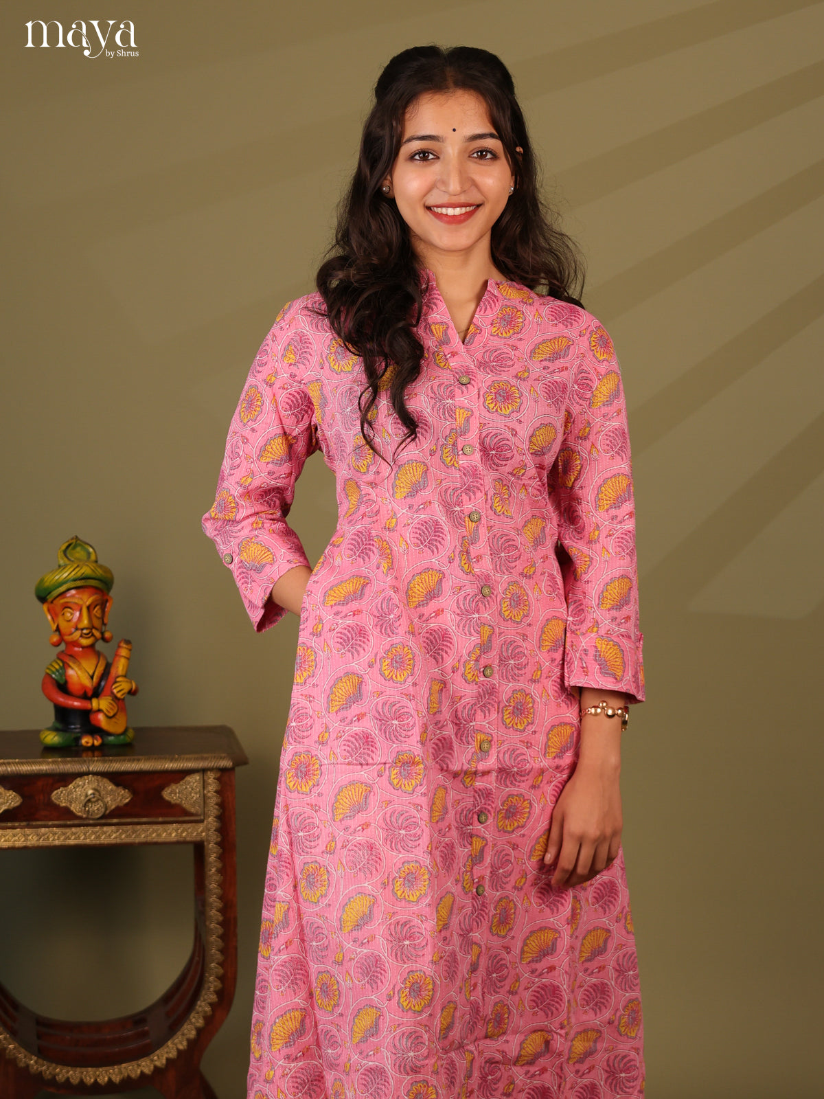 Pink Cotton Floral Print Kurti With Kantha Work