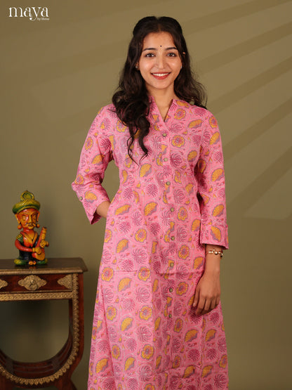 Pink Cotton Floral Print Kurti With Kantha Work