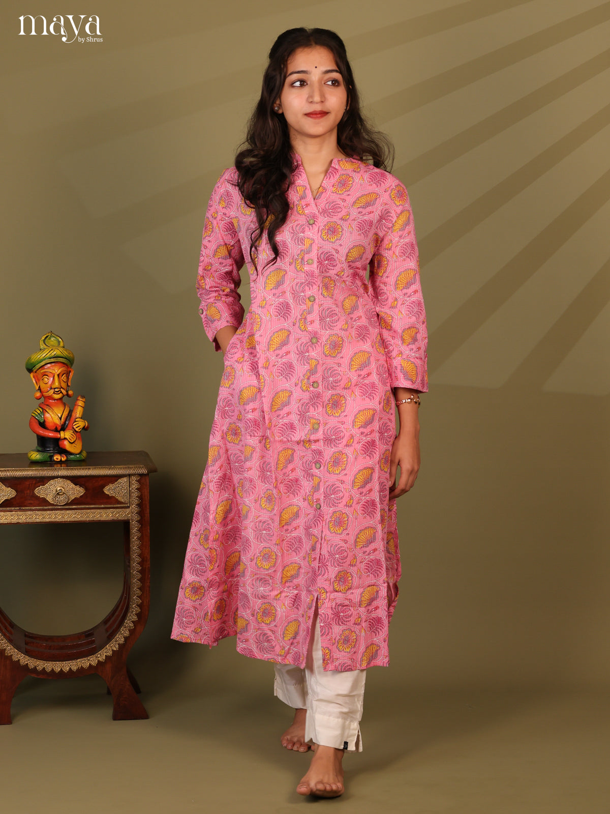 Pink Cotton Floral Print Kurti With Kantha Work