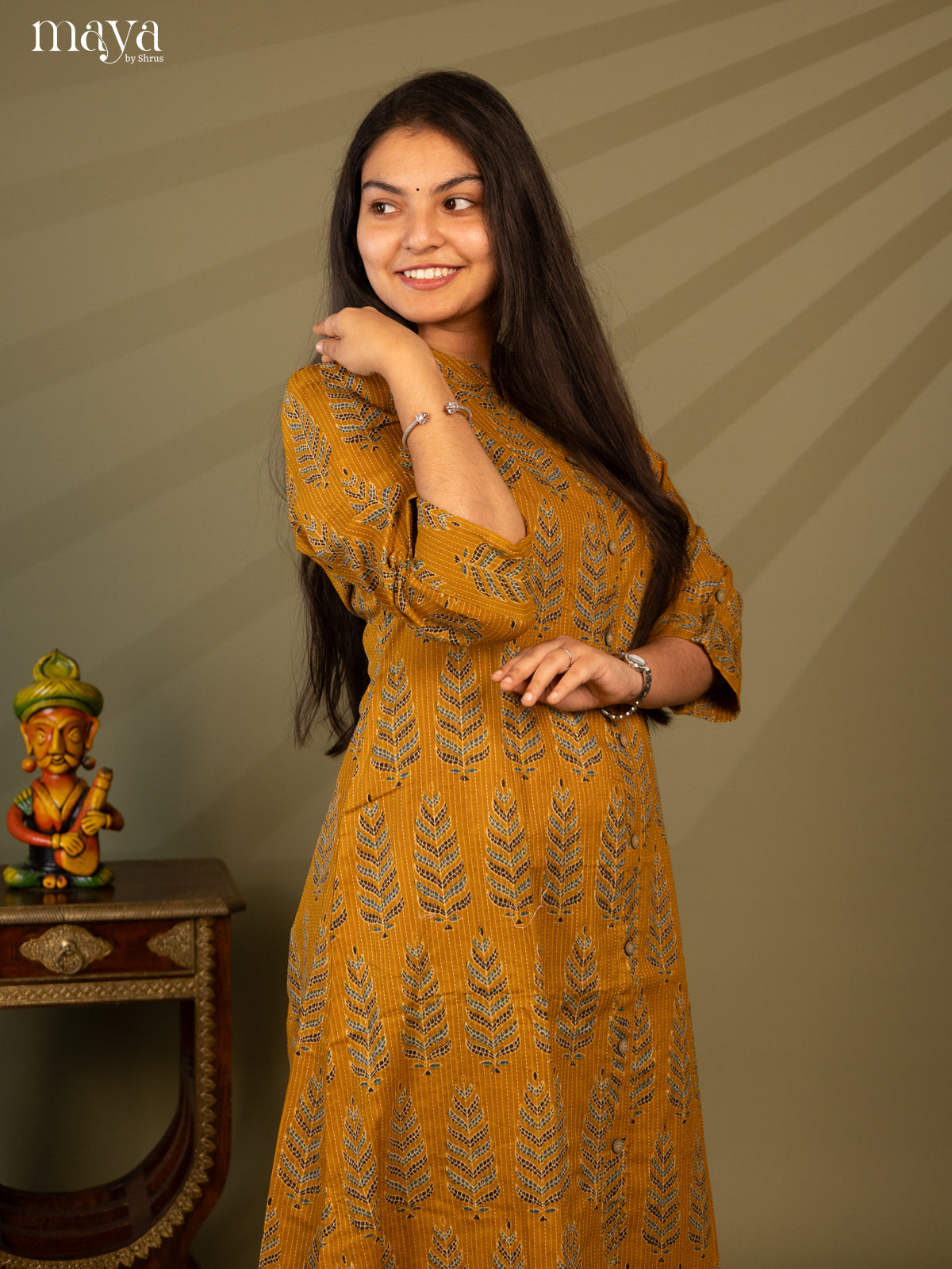 Mustard Cotton Floral Print kurti With Kantha Work