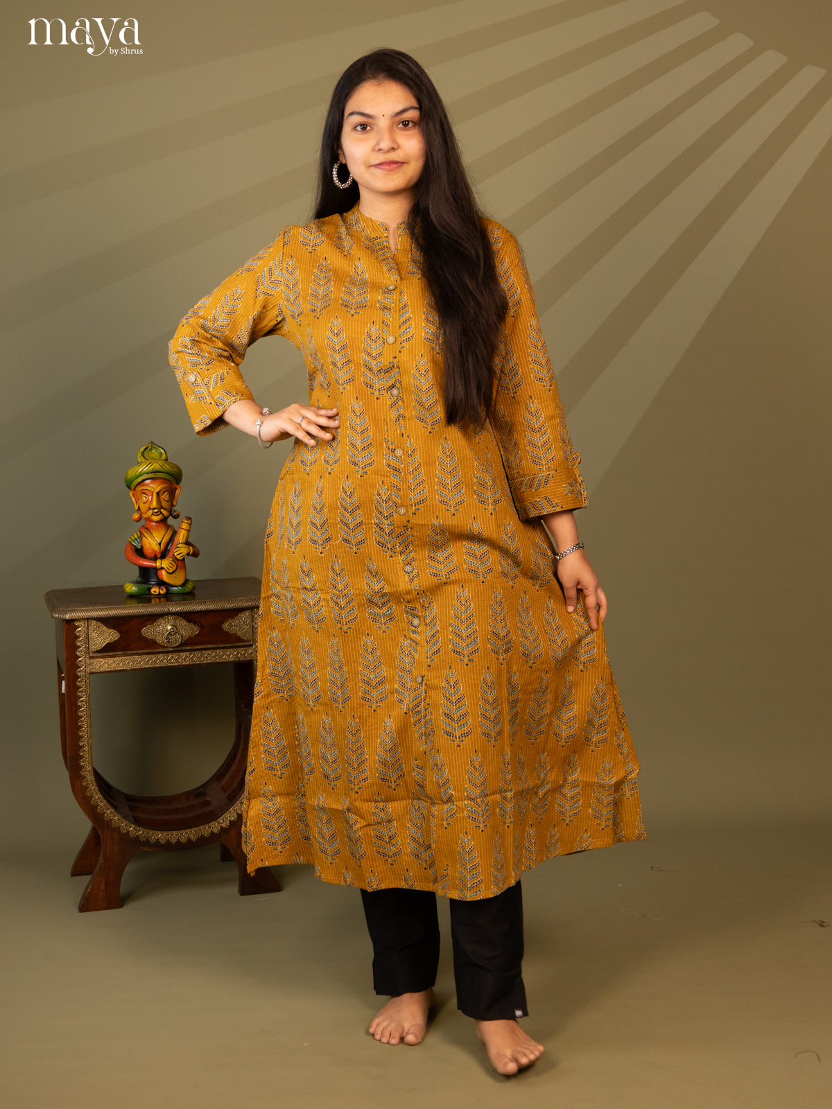 Mustard Cotton Floral Print kurti With Kantha Work