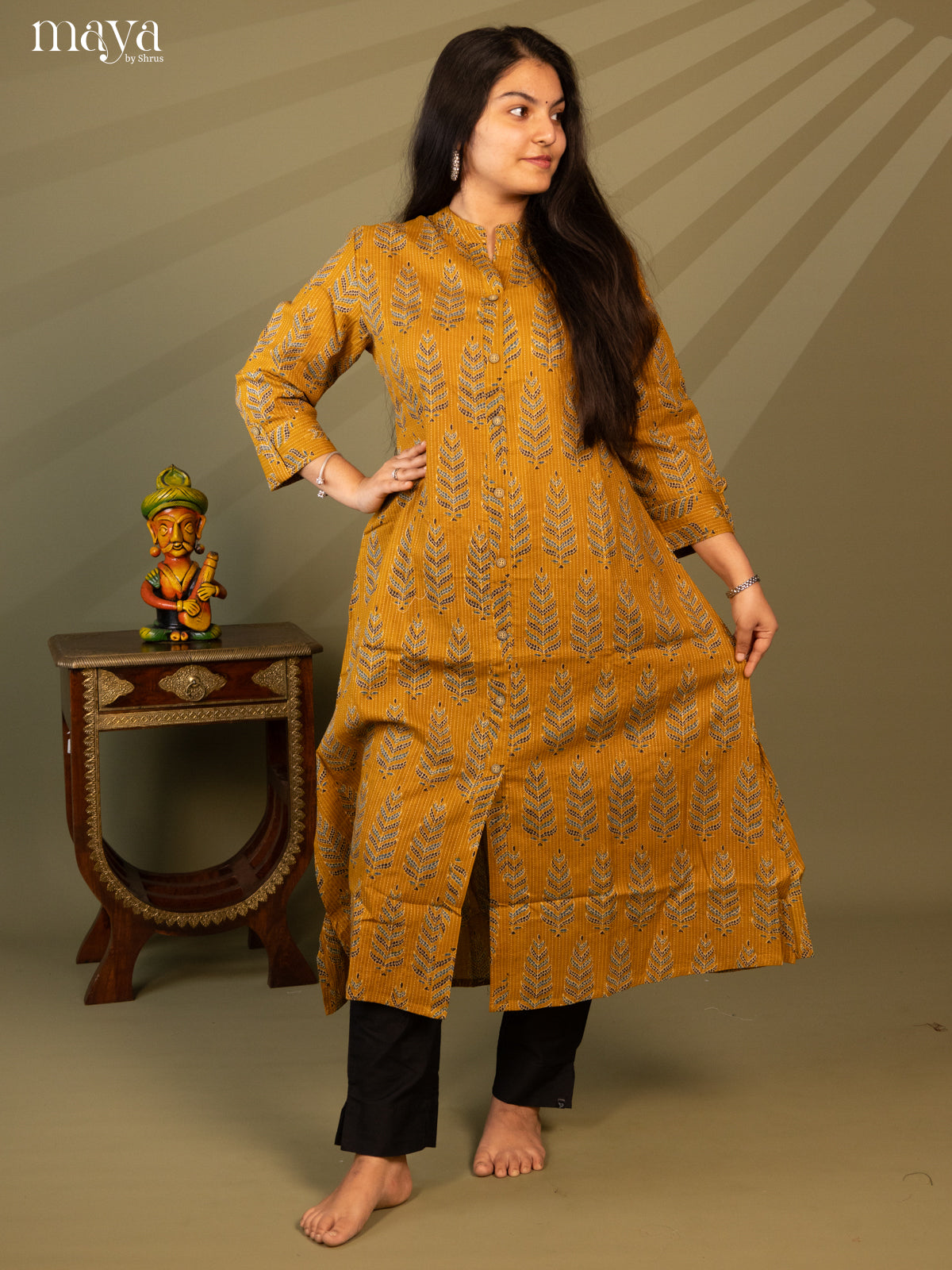Mustard Cotton Floral Print kurti With Kantha Work